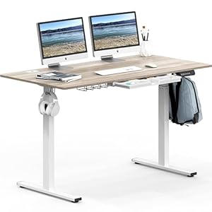 SHW 55 x 28 Inches Electric Height Adjustable Standing Desk with Drawer and Memory Preset, Maple