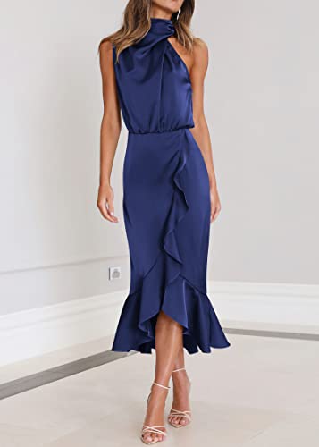 Image of KIRUNDO Women's Summer Satin Mock Neck Wedding Guest Dress