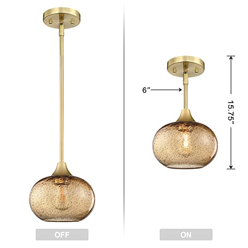 Seenming House 2 Pack 1 Light Hanging Indoor Gold Kitchen Island Pendant Lights 7.7" Black Seeded Gold Glass Pendant Ceiling Light Fixtures Brushed Bronze Finish Modern Farmhouse Dinning Over Sink #TOP1