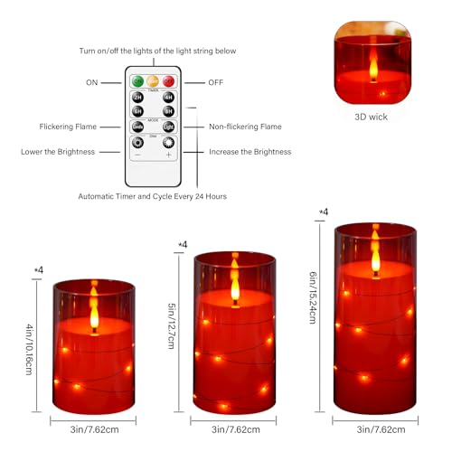 Image of kakoya Flameless LED Candles with Timer 12 Pc Flickering Flameless Candles for Romantic Ambiance and Home Decoration Stable Acrylic Shell,with Embedded Star String,Battery Operated Candles(Red)