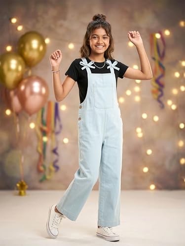 Image of KiddoPanti Girls Denim Dungaree Pant | Cotton Blend Stretch Jumpsuit | Single Front Pocket | Stylish Casual Kids Dungaree | Comfortable Everyday Wear 1-14 Years