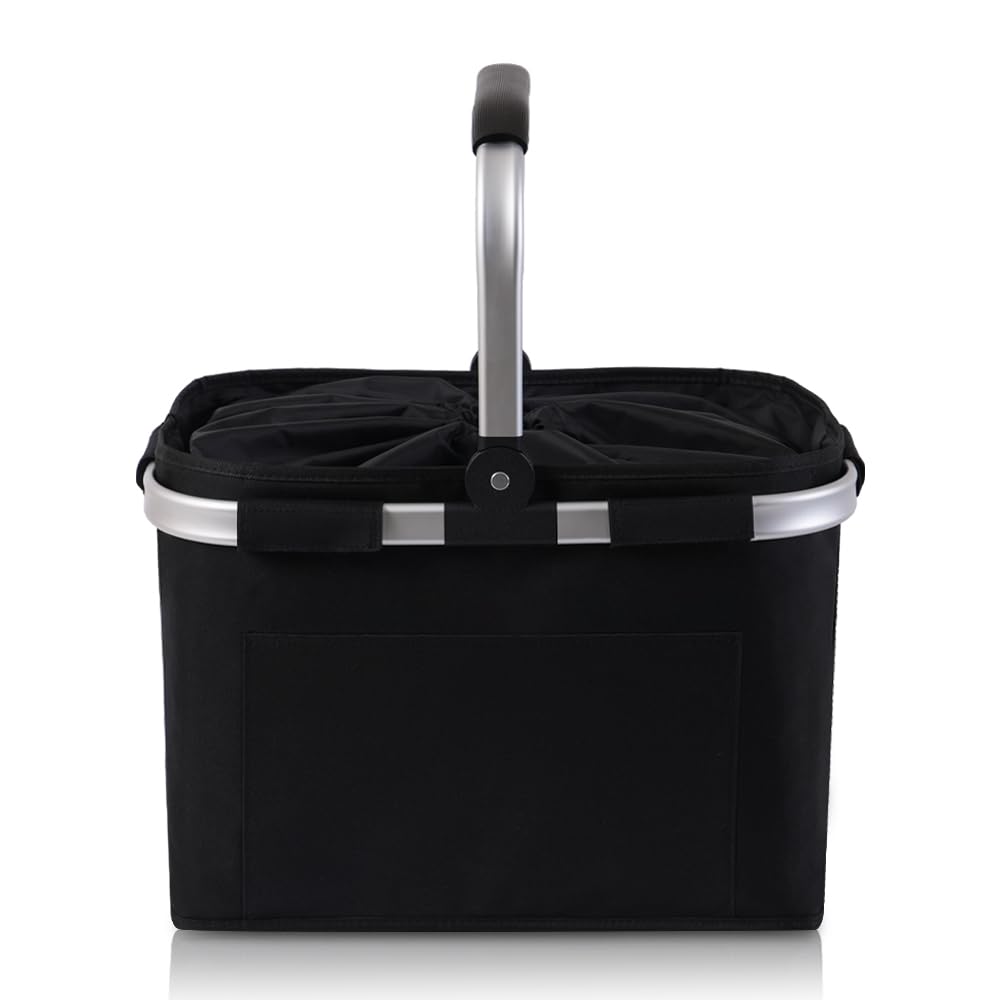 Diurwur® Cesta plegable de 30 l para la compra con tapa, cesta de picnic grande con asas acolchadas, cesta plegable con marco de aluminio, cesta estable, ideal para viajes, picnics, compras, regalo