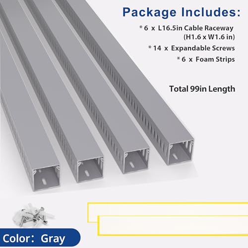 Image of 1.6 inchH x 1.6 inchW Cable Raceway, 99in Under Desk Wire Management Channel, Grey