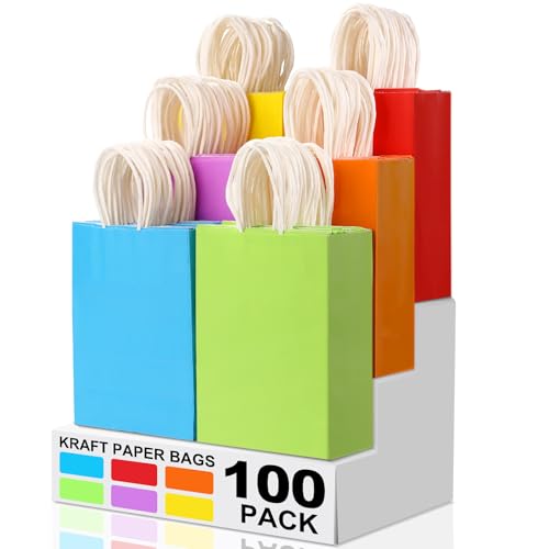 Image of XPCARE 100Pcs Paper Gift Bags 6.3x3.15x8.66'' Kraft Paper Party Favor Bags | Bulk Rainbow Goodie Bags Small Gift Bags with Handles for Kids Birthday Baby Shower Crafts Wedding Party Supplies