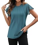 Funligo Womens Tops Dressy Casual Work Tunics Summer Lace Short Sleeve Fashion Blouses Pleated Formal Tee Professional Tshirts Loose Outfits Blusas De Mujer Teal Green XL Size