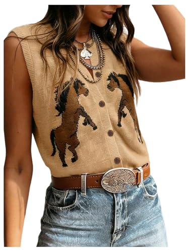 GORGLITTER Womens Western Horse Sweater Vest Tops V Neck Sleeveless Button Down Sweaters Cowgirl Outfits Khaki Large