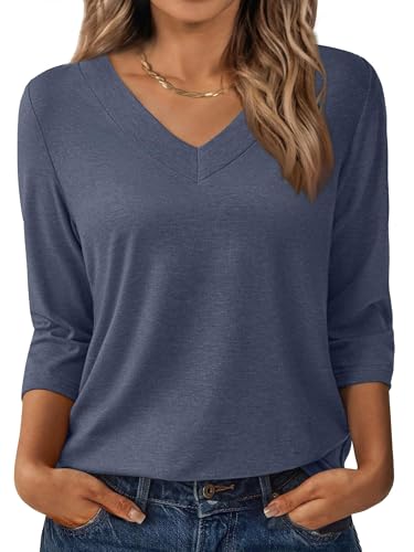 3/4 Length Sleeve Womens Tops V Neck Casual Tunic Loose Fit Basic Shirts Trendy Tops for Women 2026 Navy Blue XXL