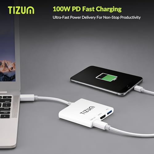Image of Tizum 3-in-1 USB C HUB with 4K HDMI, 100W Power Delivery Fast Charging, USB 3.0 5Gbps High-Speed Data Transfer| Type C Multiport Adapter for MacBook, Laptop, Tablet, Monitor | Plug & Play USB C Dock