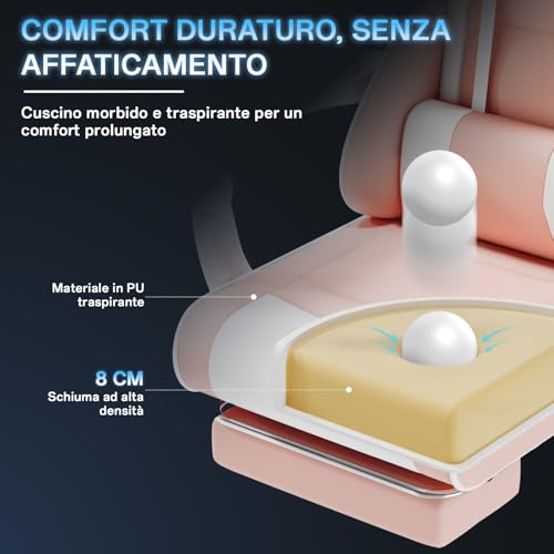 Sedia da gaming con poggiapiedi telescopico, schienale regolabile 90°-150°, sedia da gioco con poggiatesta e supporto lombare, sedia da ufficio, 150 kg (colore rosa) - Sedia gaming - Immagine 6