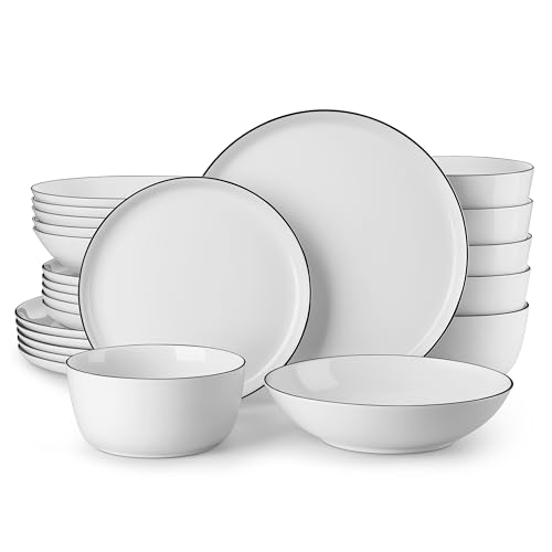 Image of MALACASA 24 Pieces Gourmet Porcelain Dinnerware Sets, Premium Plates and Bowls Set, High-Fired Dishes Set for 6, Chip & Scratch Resistant, Microwave Dishwasher Safe, White & Black Rim, Series LEXI