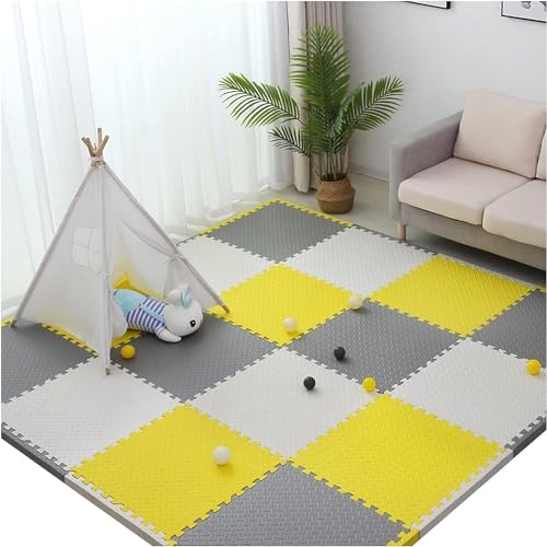 Image of SIGNATRON Puzzle Flooring || Kids Interlocking Play mat || Shops Mat || House Flooring || Play mats for Kids || 12 MM Thick (18 Tiles - 72 Square Feet, Yellow - Grey - White)