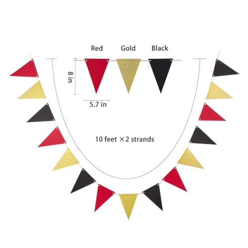 Image of MOWO Gold Black and Red Pennant Banner Paper Bunting, 30pc, 20 feet | Birthday Graduation Retirement New Year's Valentine's Day Party Hanging Decoration, Pack of 30 Counts Pennant, 20 feet