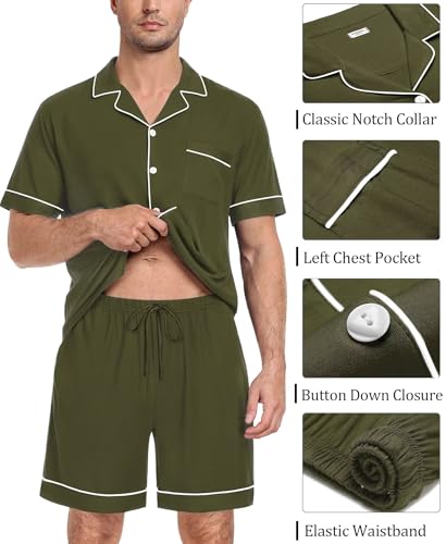 Image of SWOMOG Mens Pajama Set Short Sleeve 2 PCS Sleepwear Button Down Soft Loungewear Modal Set Pj Set with Pockets S-3XL