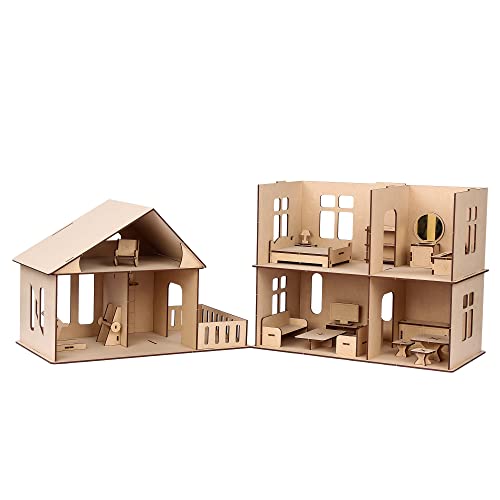 Image of DIY Wooden Doll House with Furniture for Kids, Model 5, Large Dollhouse Construction Kit with Assembly Instructions