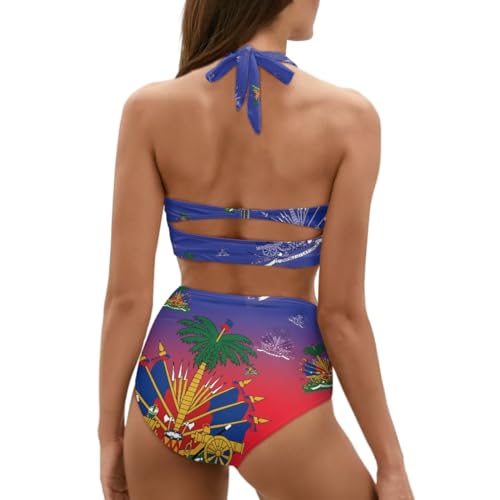 GLUDEAR Women Haitian Flag Print High Waisted Bikini Set Two Piece Tummy Control Vintage Swimsuit Halter Bathing Suit2