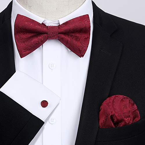 Image of HISDERN Bow Ties for Men Pretied Bow Tie Set Paisley Classic Bowties and Pocket Square Cufflinks Set for Wedding Party