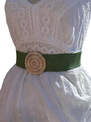 Cinturón Mujer Paja Ancho Elástico Para Vestidos Fajin Mujer Vintage Moda Cintura Ajustable Adaptable a la Figura Talla Universal Tejido Mimbre Verde Perlas