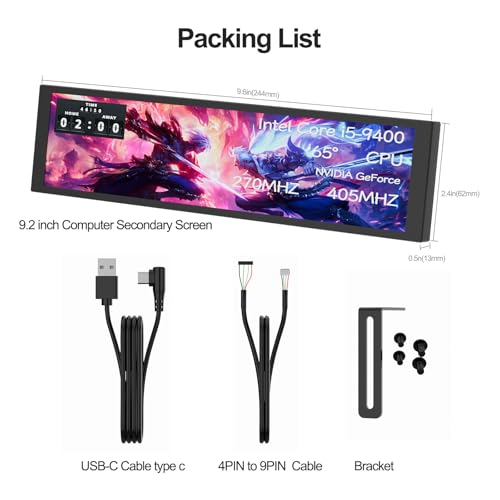 Image of 9.2 inch PC Case Screen for CPU GPU Temperature, 1920x462 IPS Hardware Sensor Panel Monitor, USB-C / 9-pin Computer Secondary Monitor with Customizable Themes, Window Only