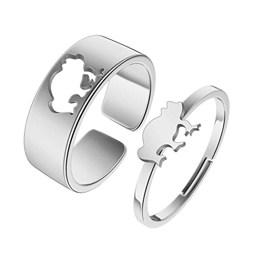 Chereda 2PCS Matching Cute Animals Promise Engagement Rings for Couples Men Women Jewelry Band Sets 316L Stainless Steel Adjustable Open Ring (Frog-s, Adjustable)