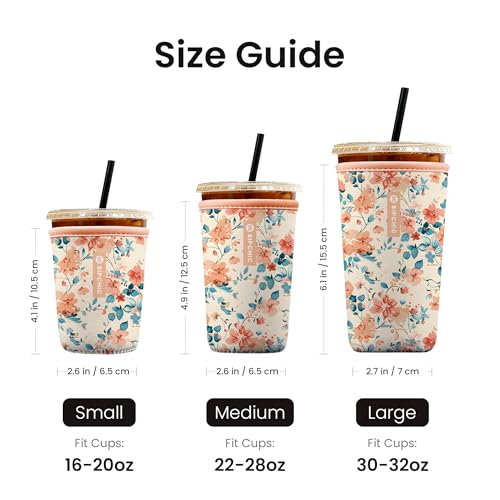 Image of Iced Coffee Sleeve - Neoprene Reusable Cup Sleeves for Drinks, Insulated Drink Sleeves to Keep Hands Dry & Drinks Cold, Stylish & Durable Coffee Sleeves (Spring Camellia, Medium: 22-29oz)