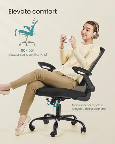 Sedia da Ufficio Girevole, Sedia di Rete da Computer Ergonomica, Supporto Lombare, Oscillante, Seduta 53 cm, Braccioli Pieghevoli, Nero OBN37BK - Sedia gaming - Immagine 4