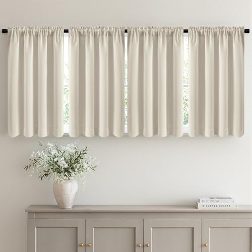Image of MIULEE 4 Panel Set Short Bedroom Blackout Curtains 54 Inch Long Cream Beige | Thermal Curtains for Summer Heat, Light Blocking Privacy Window Drapes, Top&Bottom Rod Pocket