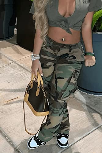 Vakkest Womens Camo Cargo Pants Casual Streetwear BF Outdoor High Waisted Baggy Jogger Workout Sweatpants