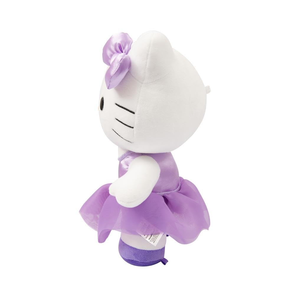 Hello Kitty Giochi Preziosi miękka pluszowa zabawka o wysokości 30 cm z modnym strojem, fioletowa satynowa sukienka i pasująca kokardka, dla dzieci od 3 lat