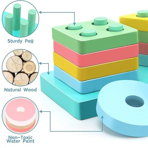 Image of SHINETOY Montessori Toys for 1-3 Year Old Boys Girls Toddlers, Wooden Sorting & Stacking Toys for Kids Preschool, Educational Building Blocks, Color Recognition Stacker Shape, 16 pcs