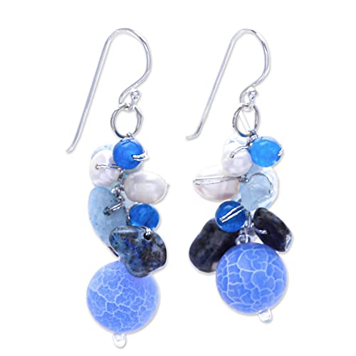 Novica Handmade Azure Love - Sterling Silver, Agate And Aquamarine Beaded Hook Earrings, Cultured Pearl Earring For Women. #TOP5