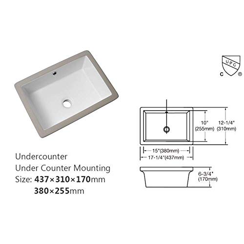 Lordear 17x12 Inch Undermount Bathroom Sink Vanity Small Sinks Rectangle Pure White Porcelain Ceramic Bath Lavatory Vanity Sink Basin with Overflow