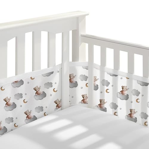 Bizcasa Paracolpi Lettino,2 Pezzi Paraurti in Rete Traspirante a Circolazione d'Aria,4 Lati Paraurti COT Baby Protezione,Regolabile Rimovibile,Lavabile -340cmx30cm + 160cmx30cm (Orso)