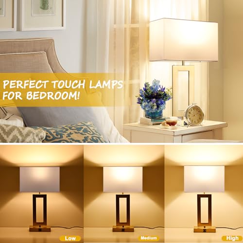 BrightWe 22’’ Set of 2 Touch Control Table Lamps w. 2 USB Ports, 3-Way Dimmable Bedroom Bedside Nightstand Touch Lamps, Modern Gold&White Lamps for Living Room End Table, LED Bulbs Included