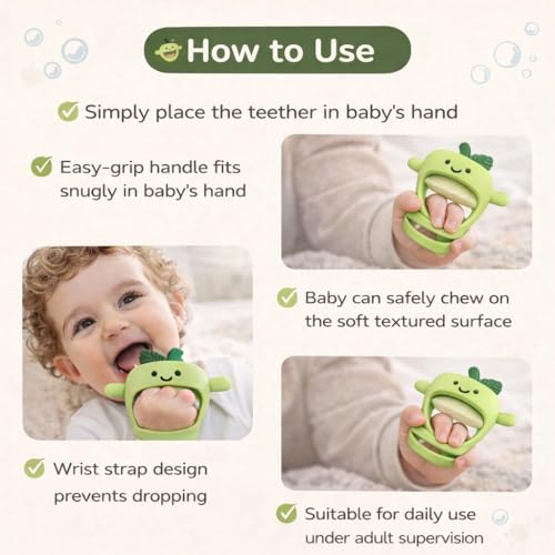 Image of Lefan Silicone Baby Teether with Wrist Strap, Soft Chew Teething Toy for Infants, BPA Free Food Grade Silicone, Easy Grip Anti-Drop Teether for Newborns & Toddlers Infant Gum Massager Toy- Green