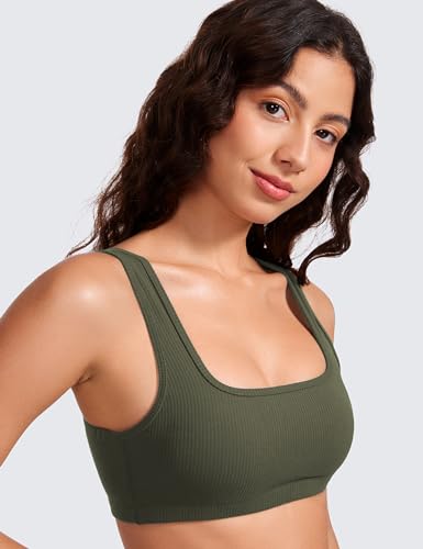 CRZ YOGA Ribbed Sports Bras for Women - Square Neck Wireless Padded Bra Low Coverage Yoga Crop Top4