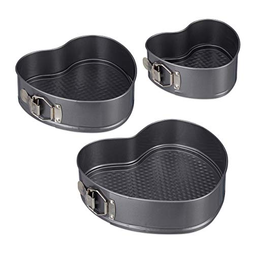 Relaxdays Herzbackform 3er Set Carbonstahl Anthrazit Antihaftbeschichtet 25 cm x 23,5 cm x 7 cm 0,8 kg