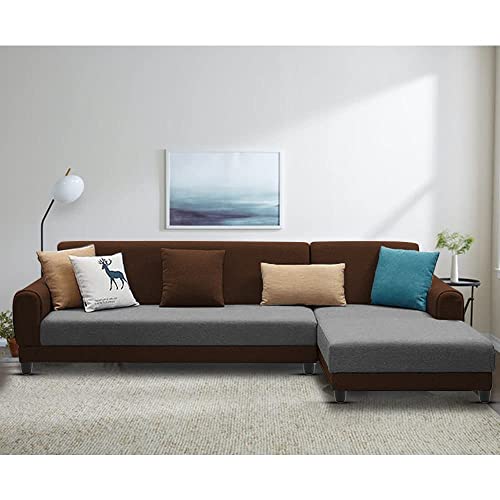 Image of Kraven RHS 6 Seater L Shape Sofa Set for Living Room (Grey Brown Fabric)