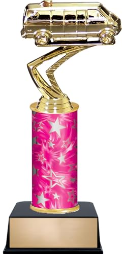 10" Van Cars Trophies - Custom Engraved Auto Pink and Silver Star Column Trophy Awards