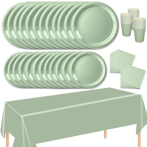 MORAINJAY 69 Piezas Juego Vajilla de Papel para Fiesta Verde,Decoración de Mesa para Cumpleaños con Platos,Mantel,Servilletas y Vasos,para Bodas,Picnics y Reunión - 16 Personas