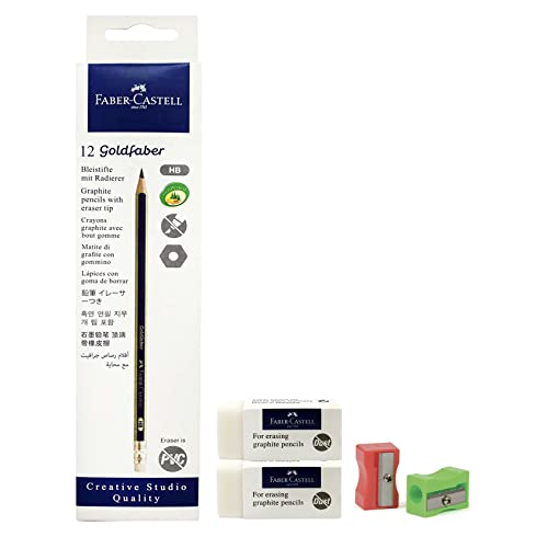 Faber-Castell Gold Faber Graphite Pencil HB with rubber tip 1box (12pcs) + PVC Free Eraser 2pcs + plastic Sharpener 2pcs this set is perfect for home and school use.