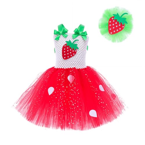Generisch Costume de carnaval pour enfant - Robe fraise rouge avec jupe en tulle et serre-tête de fruits amusant - Costume de carnaval - Costume de fête...