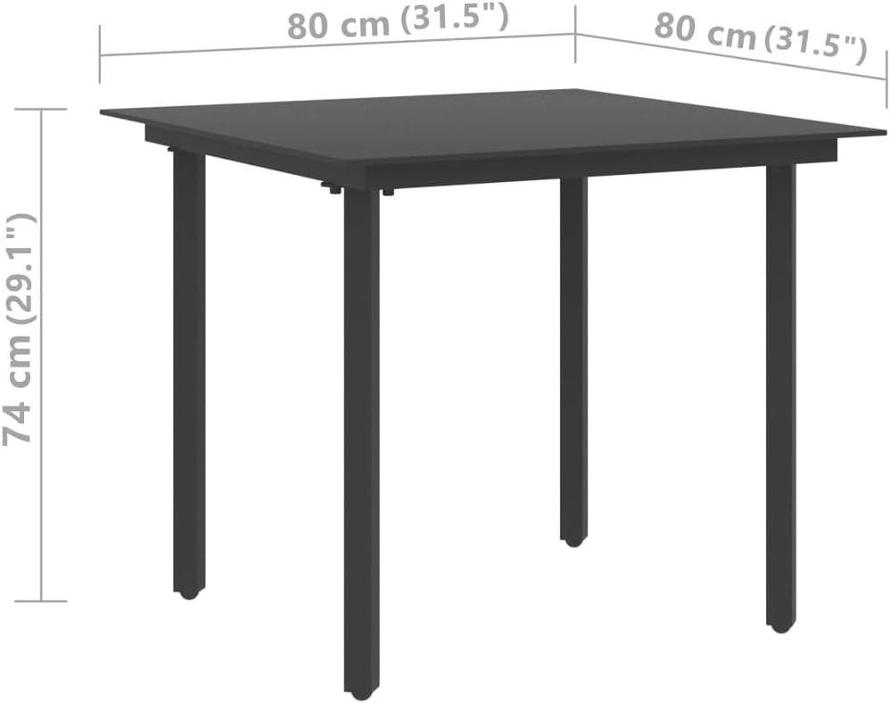 vidaXL Modern Patio Dining Table in Black - Outdoor Furniture with Powder-Coated Steel Frame and Glass Top - 59.1"x31.5"x29.1"