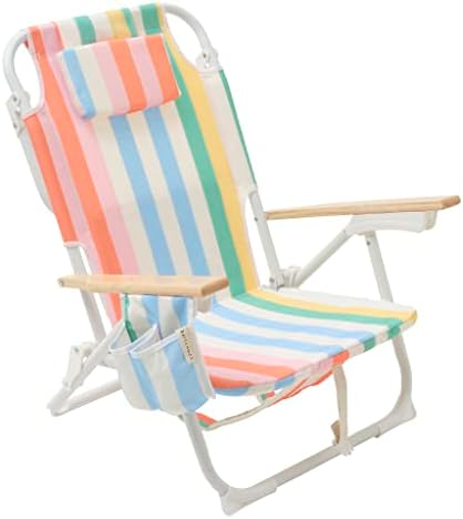 Sunnylife Deluxe Reclining Backpack Beach Chair for Adults with Drink Holders and Adjustable Pillow Multicolour Stripe Print