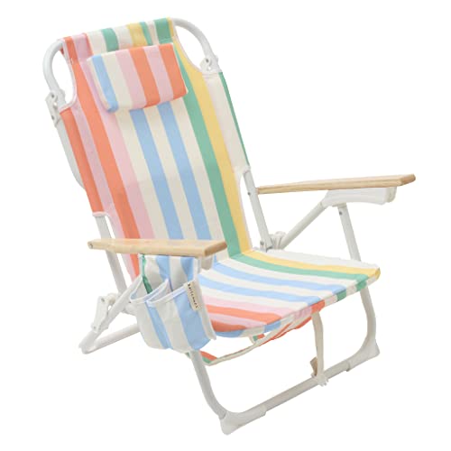 Sunnylife Deluxe Reclining Backpack Beach Chair For Adults With Drink Holders And Adjustable Pillow Multicolour Stripe Print #TOP2