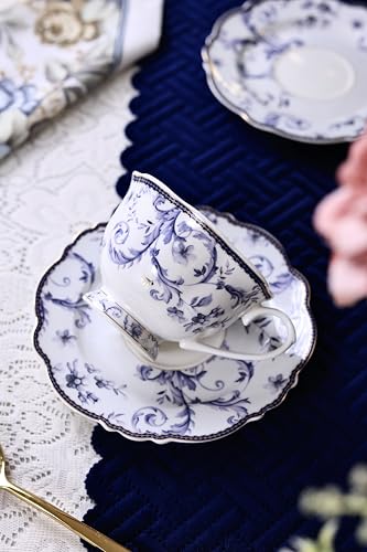 Image of Vigneto Floral Midnight Blue Cup and Saucer Set (Vintage Collection) for Tea /Coffee /Hot Drinks | Set of 6 Cup & 6 Saucers, 210 ML | Finest Premium Porcelain | Scratch Resistant | Chip Resistant