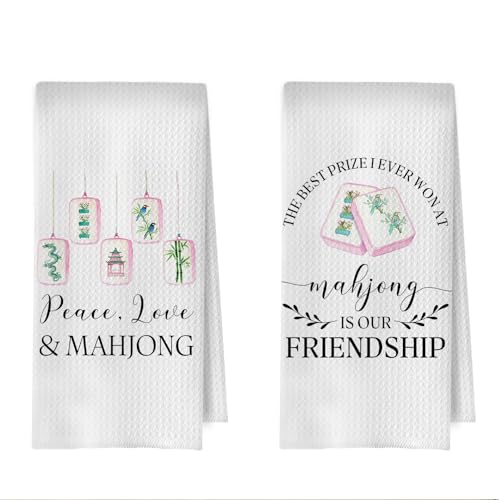 Image of Mahjong Gifts Kitchen Towels Set - Mahjong Decorative Waffle Dish Towels, Mah Jong Hand Towels, Mah Jong Friends Gifts Tea Towel, 16x24 Inches Set of 2