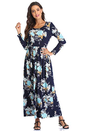 Image of Women's Long Sleeves Maxi Dress Plain Empire Waist Casual Dress Loose Fall /Winter Dresses with Pockets - 2XL