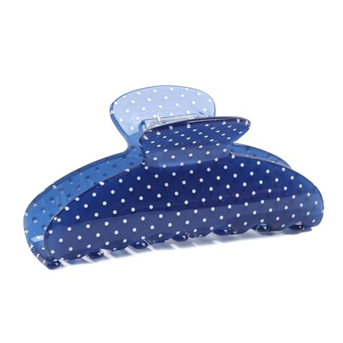 Acetate Hair Claw Clip for Women 3.8-Inch Blue Polka Dot Big Hair Clips Strong Hold No Slip Claw Clips for Thick or Thin Hair Includes 2 Black Satin Scrunchies