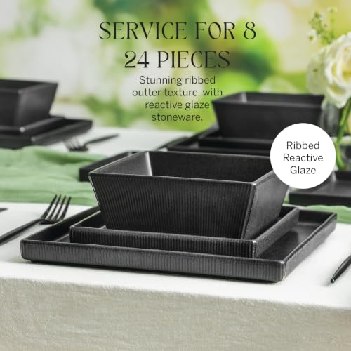 Image of Stone Lain Grace 24-Piece Dinnerware Set Stoneware, Plates and Bowls Set, Dishwasher and Microwave Safe, Dish Set for 8, Charcoal