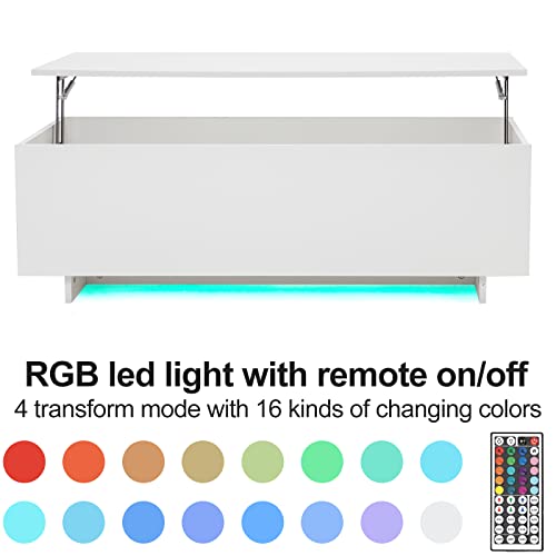 High Gloss Lift Top Table With Led Lights, Led Coffee Table With Storage Shelf And Hidden Compartment For Home Living Room Reception Room Office, White #TOP6